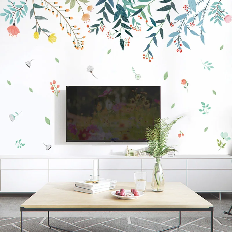 Flower Plants Wall Stickers Home Decor Living Room Leaves Decals Decorative DIY Decorations | Дом и сад