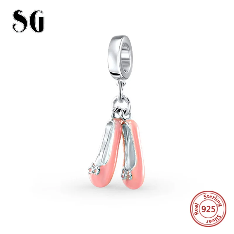 

SG new arrival silver metal beads lovely pink shoes charms with enamel European charm silver 925 original silver jewelry factory