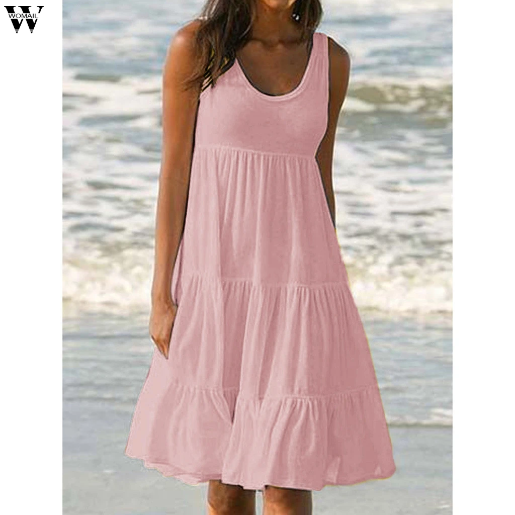 Летнее Хлопковое платье, Женская туника с круглым вырезом и коротким рукавом, розовые платья миди, повседневные женские платья Apr22