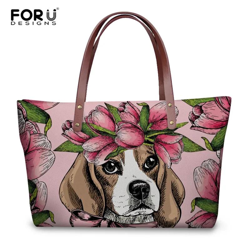 

FORUDESIGNS Handbags Floral Beagle/Pug/Jack Russell Terrier Printing Women's Tote Bags Female Luxury Handbag Casual Shoulder Bag