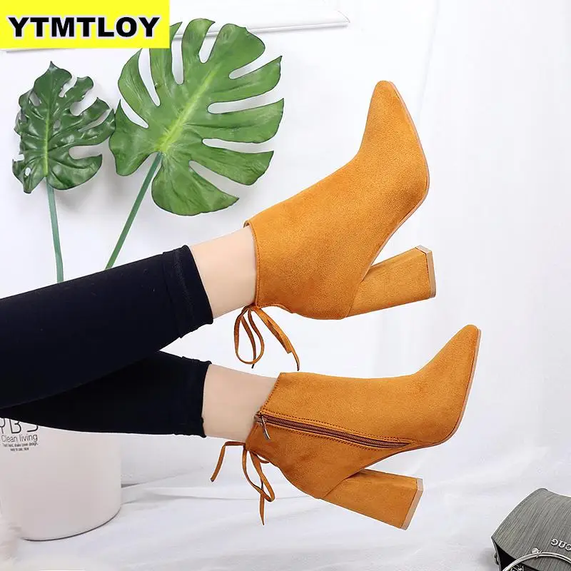 

HOT Women Boots Flock Pointed Toe Winter Ladies Thcik Heel Western Stretch Fabric Shoes Zapatos De Mujer Ankle Boots