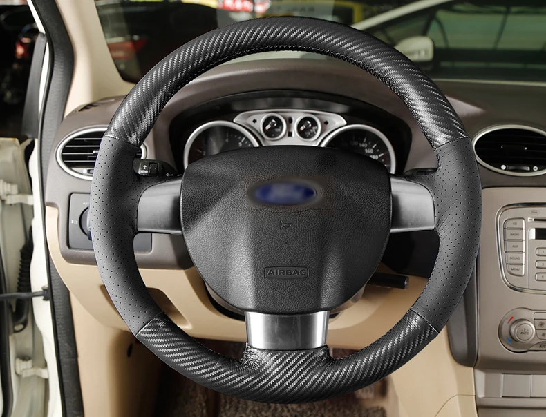 Блестящая пшеничная черная кожа PU углеродное волокно чехол на руль для Ford Focus 2 Focus 3 Focus RS
