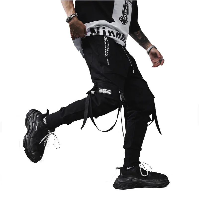 

Summer Hip Hop Pants Men Print Zipper Pockets Men's Jogger Trousers Ribbons Streetwear Male Joggers Sweatpants