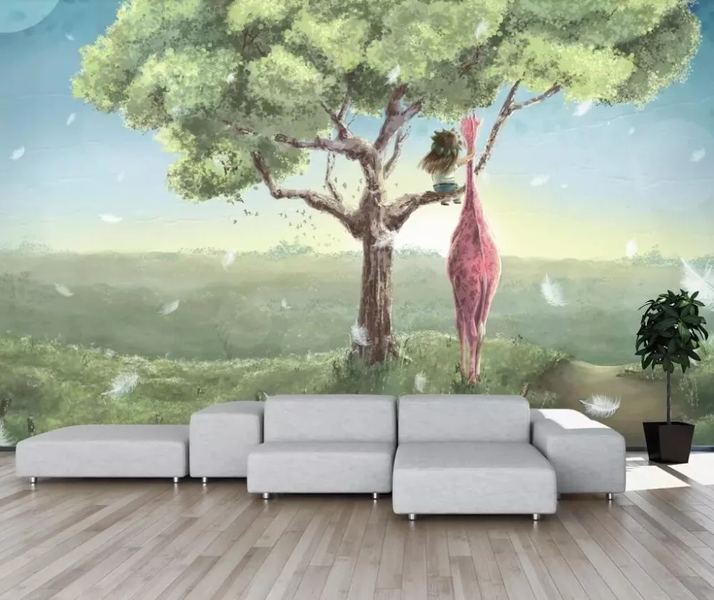 

Nordic cartoon giraffe tree children room background wall