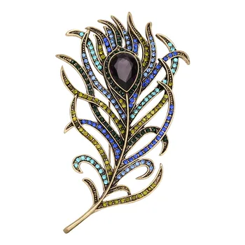 

Cheap Brooches Vintage Bronze Large Women Bling Multicolor Rhinestone Feather Brooch Pin For Gift