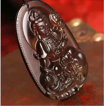 

Light ice natural Obsidian Samantabhadra Pendant Necklace Zodiac dragon snake patron natal Buddha