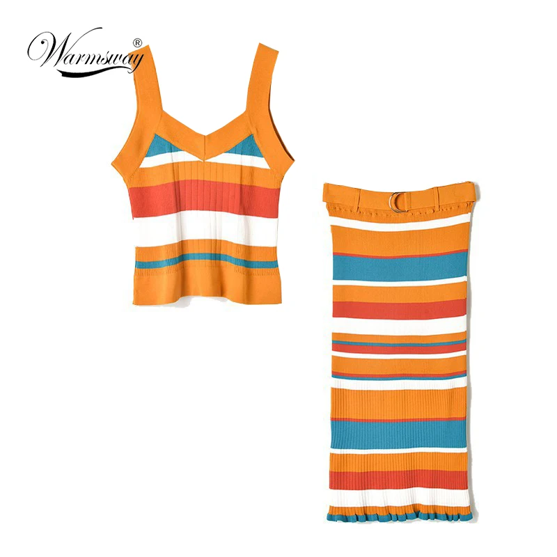 2019 Summer Sexy 2 Pieces Runway Women Striped Knitted Set Luxury V neck Spaghetti strap t shirt+Belt High Elastic Skirt C-206