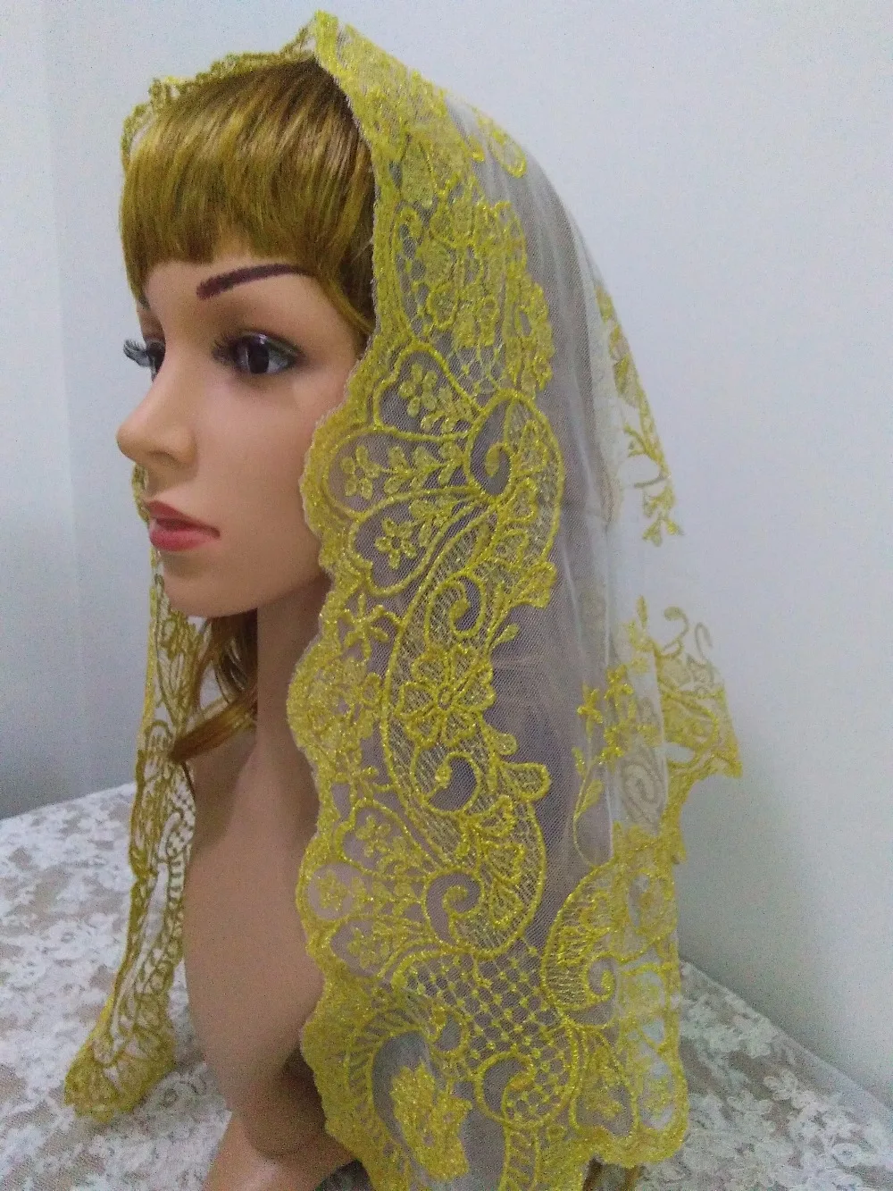 Gold Metallic Embroidery Lace Veil ,Noble Spanish Lace Chapel Mantilla Veil,Authentic Spanish