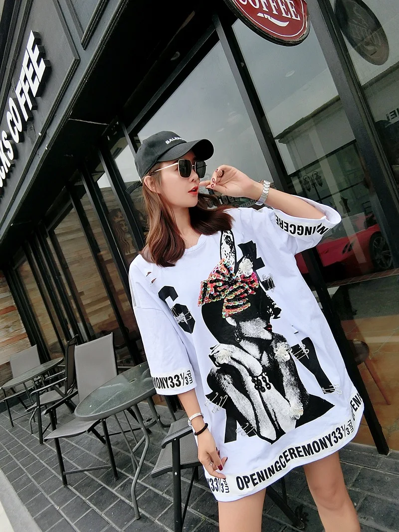 Women Cartoon Character Letter Printing T-Shirt O-Neck 3/4 Sleeve Long Tops Novelty Back Mesh Spliced Hollow Out Summer Pullover | Женская
