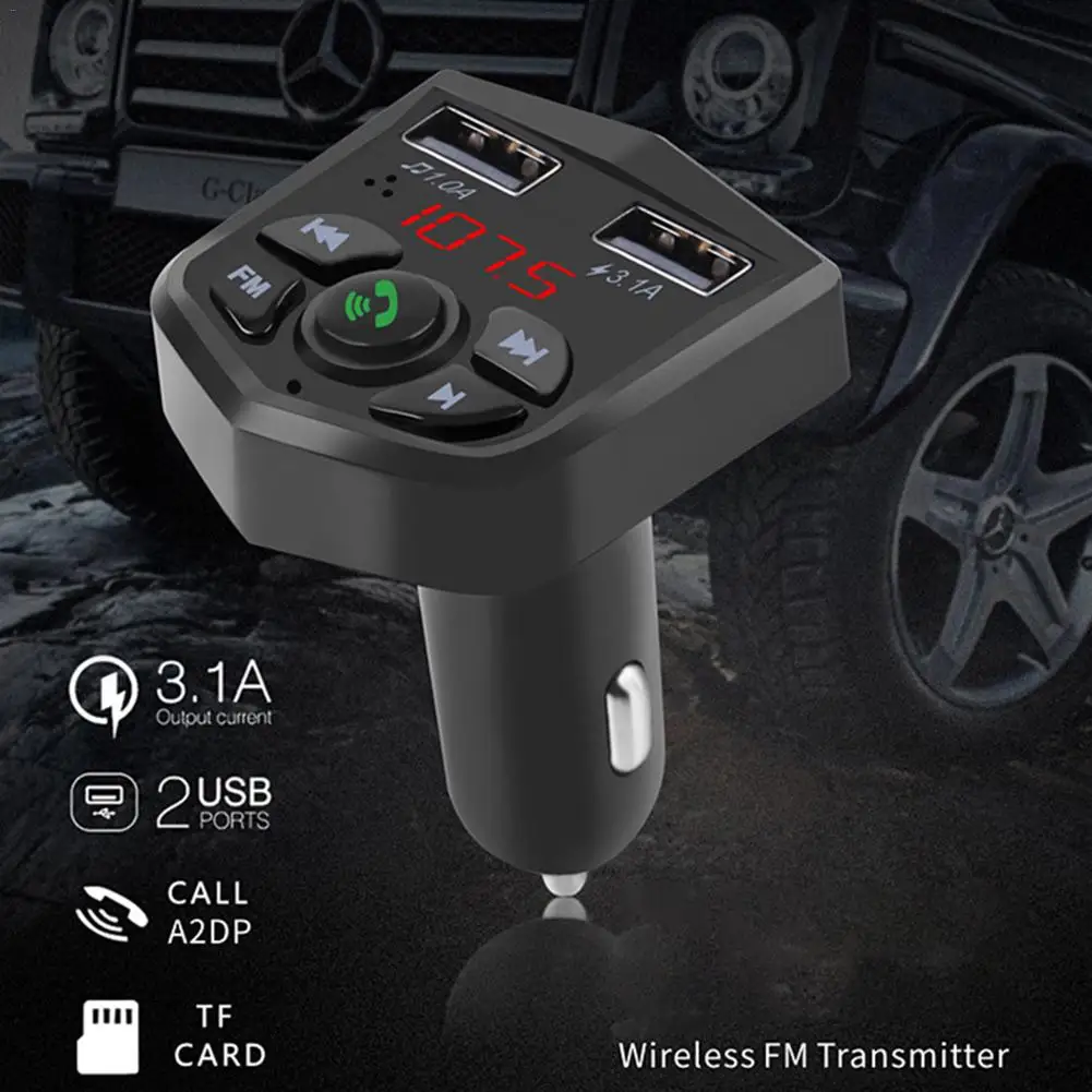 

Car Bluetooth Player V5.0 Version MP3 Player Handsfree Car Kit FM Transmitter with Dual USB 5V 3.1A Fast Charger Power Adapter