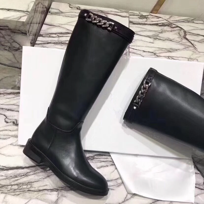 

Luxury Brand Women Knee High Boots Fashion Mental Chain Motorcycle boots Genuine Leather Winter short Boots zapatos de mujer