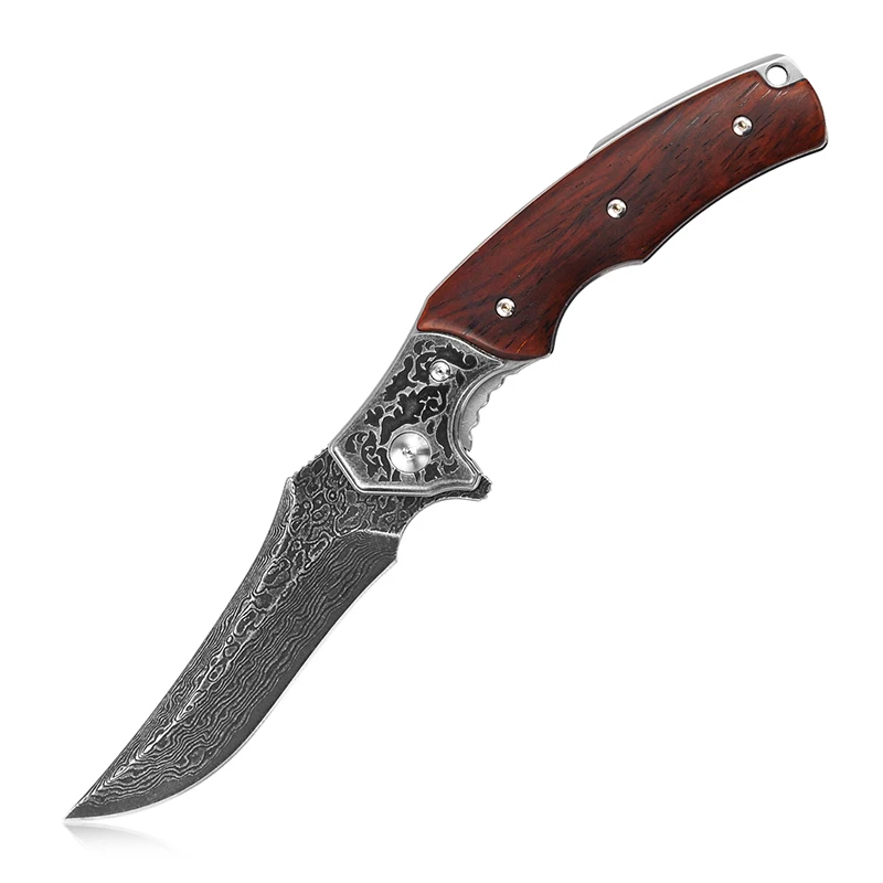 

KUBEY DM148 Folding Hunting Knife Etched Damascus Pattern Blade Wood Handle Pocket Outdoor Camping Hiking Knives Hand Tool