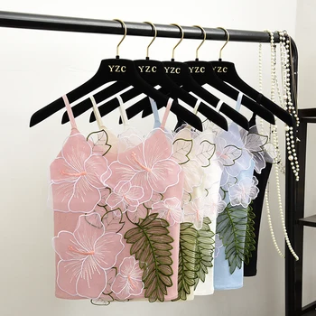 

Summer Women's Knitting Camis Tops Patched Embroideried Floral Mesh Tank Tops For Female