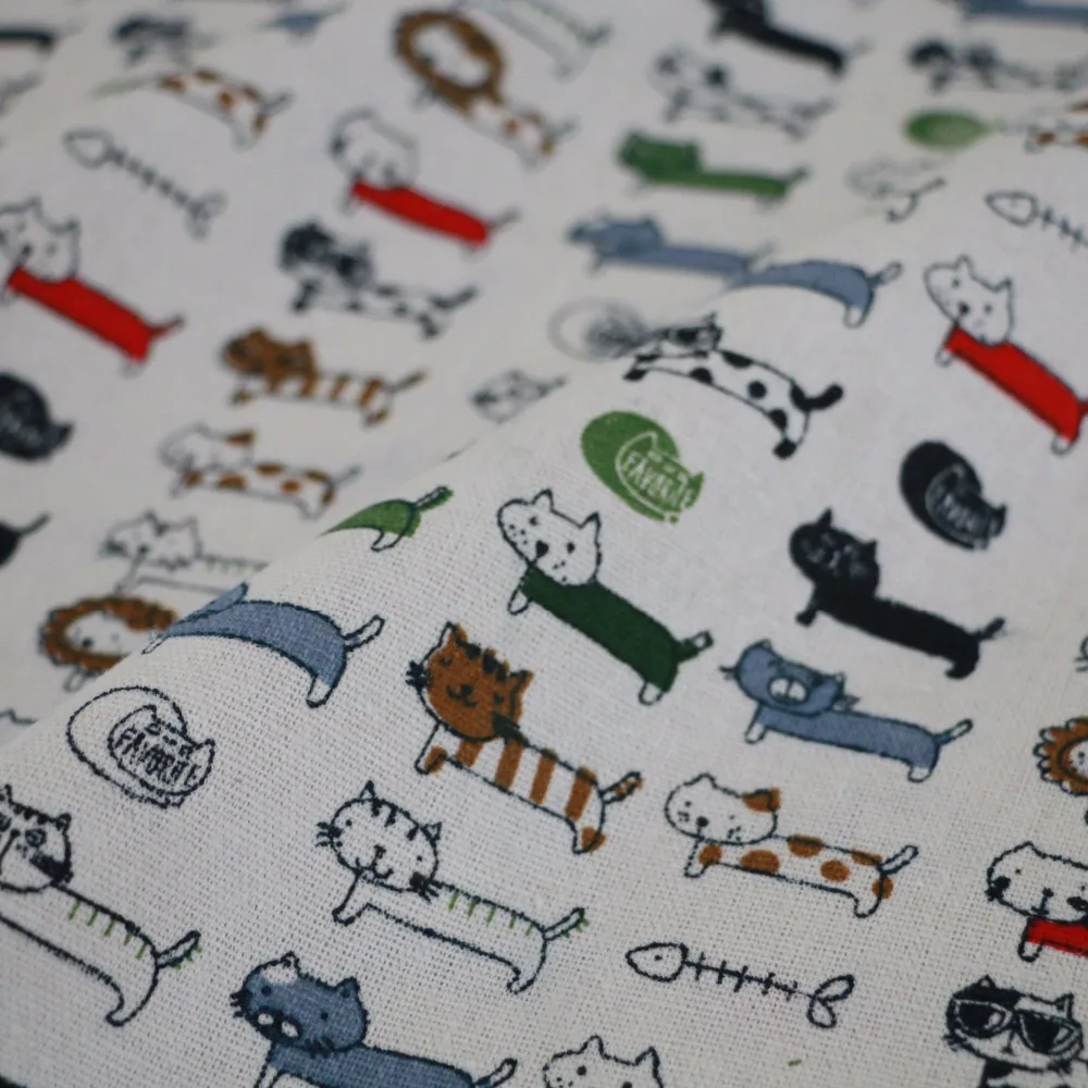 

50x150cm Cotton Linen Fabric DIY Craft Material Print Colorful Cat Fish Bone F513