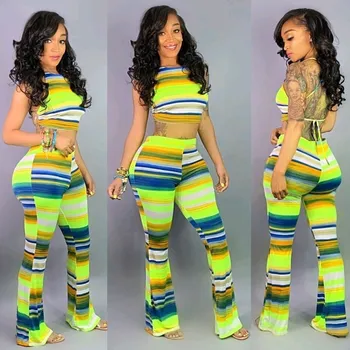 

2019 New Women Summer Striped Colorful Print Suit Sleeveless Backless Lace-Up Crop Top And Wide Leg Pants Two Piece Sets