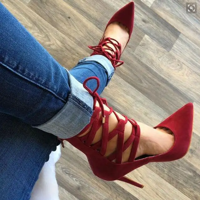 

2016 Newest name brand pointed toe high heel pump lace-up hollow out stiletto heels fashion wedding party dress shoes for ladies