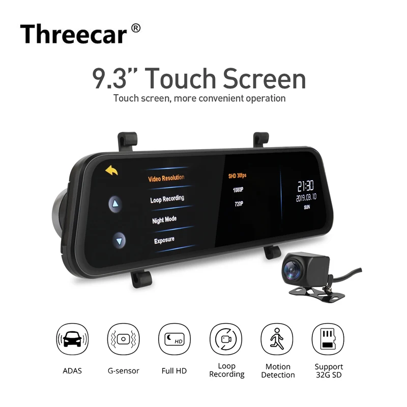 

Dash Cam 1080P FHD Car DVR Camera Video Recorder ADAS G-sensor Mini Car DVR Camera 9.35 inch touch screen Streaming Mirror with