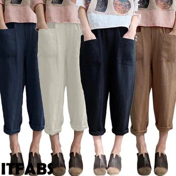 

Fashion Women Cotton Linen Pants Ladies Casual Loose High Waist Long Pants Linen Cotton Elastic Trousers