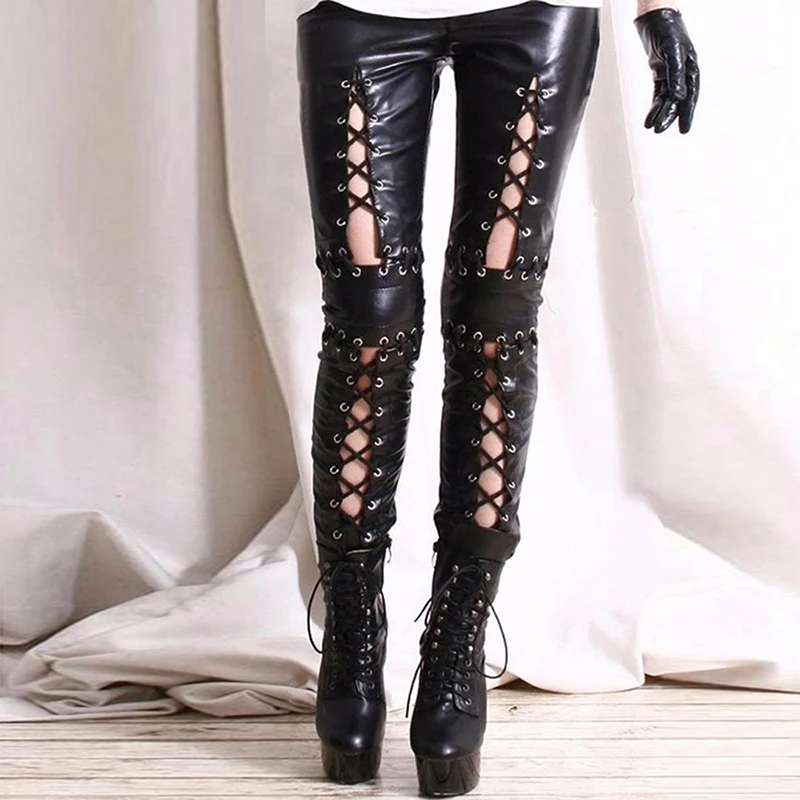 

Wetlook Leather Leggings Gothic Long Pants Lace Up Front Trousers Legins Punk Rock Leggings Faux Leather Pants Night Clubwear