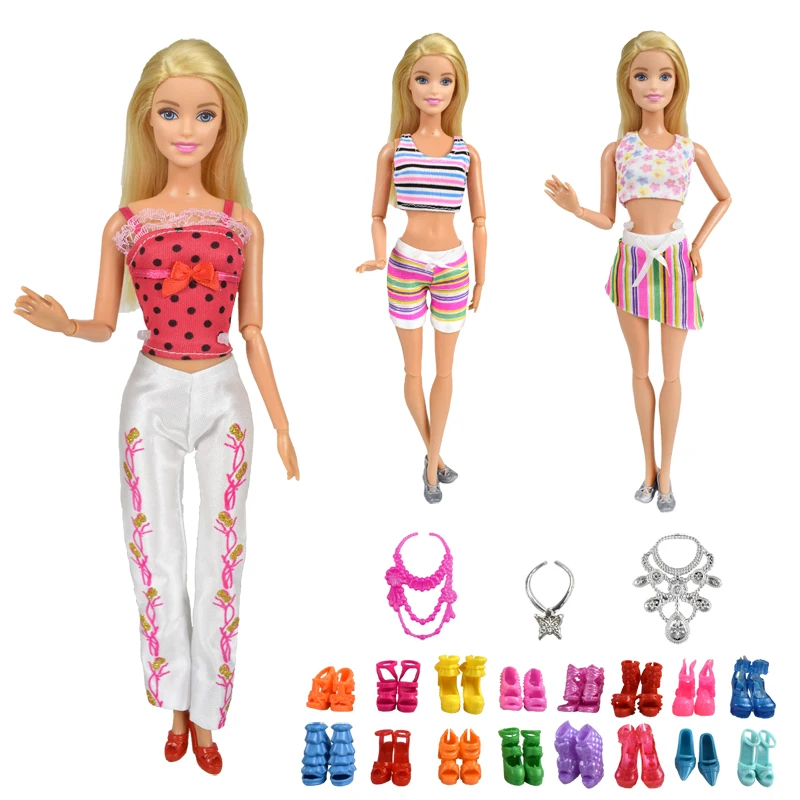 

9 Item/Set Doll Accessories=3 Pcs Sexy Clothes Set + 3 Plastic Necklace + Random 3 Pairs Shoes for Doll Accessories Girl Gifts