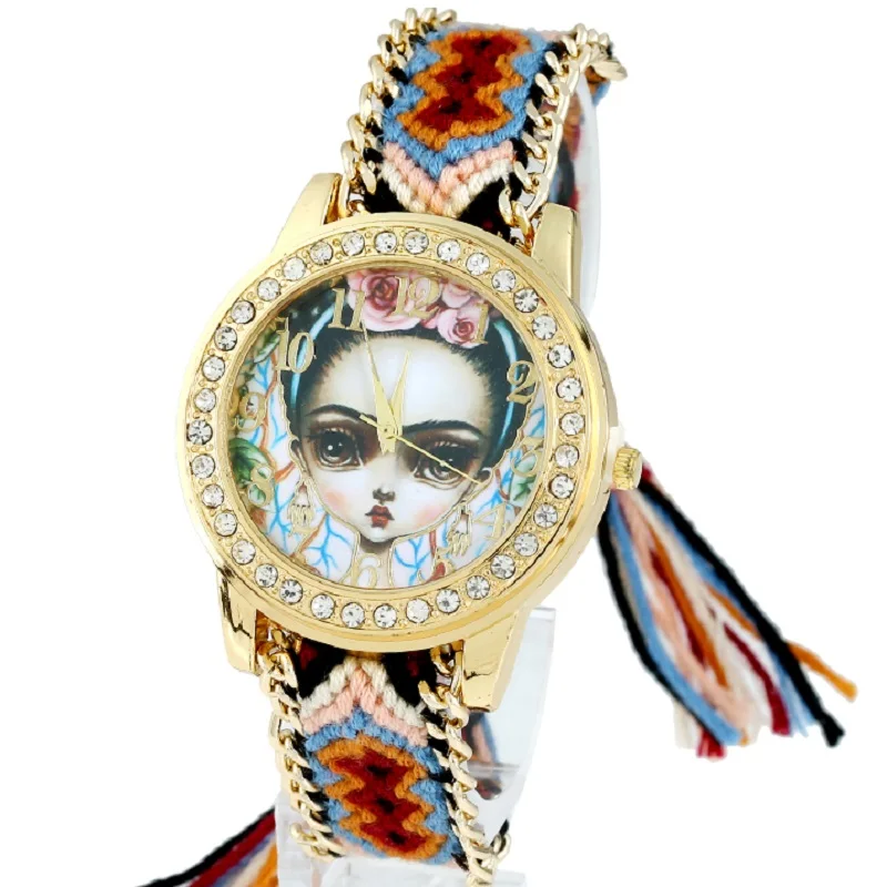 

Gnova Platinum Watch Women Vintage Fashion Girl Big Head Rhinestone Dial Ethnic Chain Braided Bracelet Wristwatch A437
