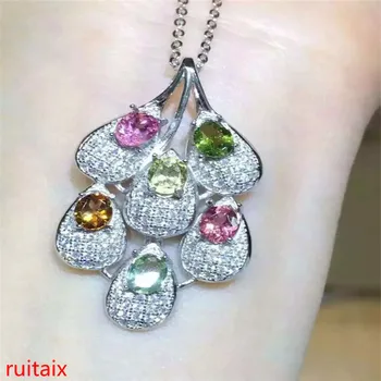 

KJJEAXCMY boutique jewels S925 silver natural crystal tourmaline small leaves a necklace pendant set jewelry chain to the box ch