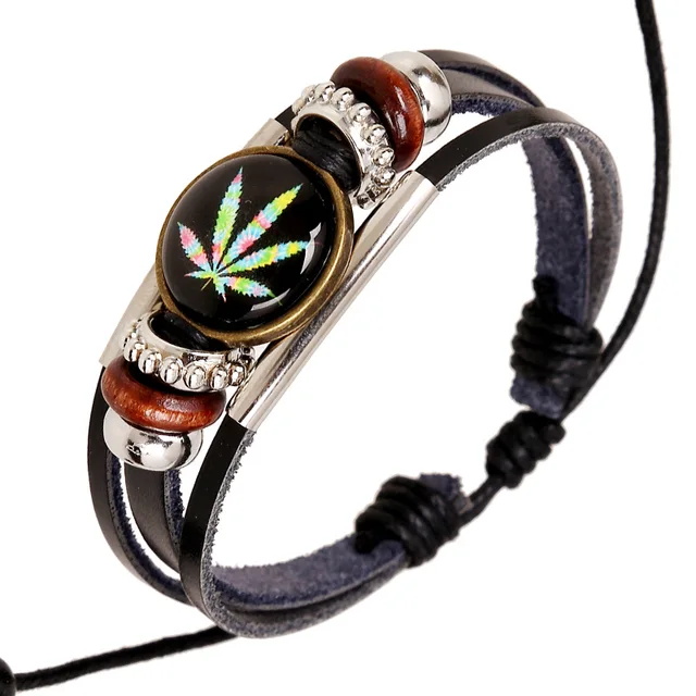 Jamaica Bracelet Woman Cow Leather Colorful Leaves Handmade Charm Jamaica Bracelet Woman Cow Leather Colorful Leaves Handmade Charm Weed Bracelets For Men Wax Cord Adjule