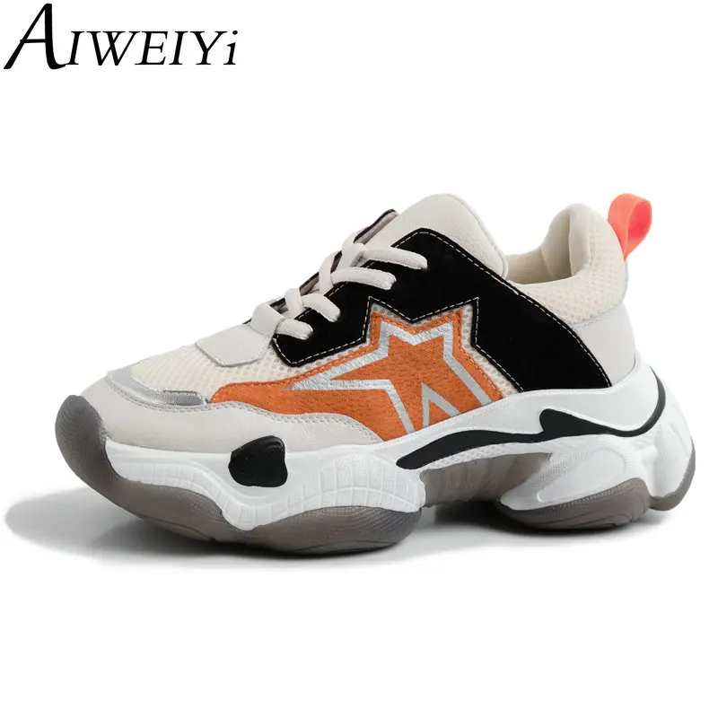 

AIWEIYi New Fashion Sneakers Women Real Leather Lace-Up Casual Shoes Woman Cow Leather Mixed Color Platform Shoes Woman