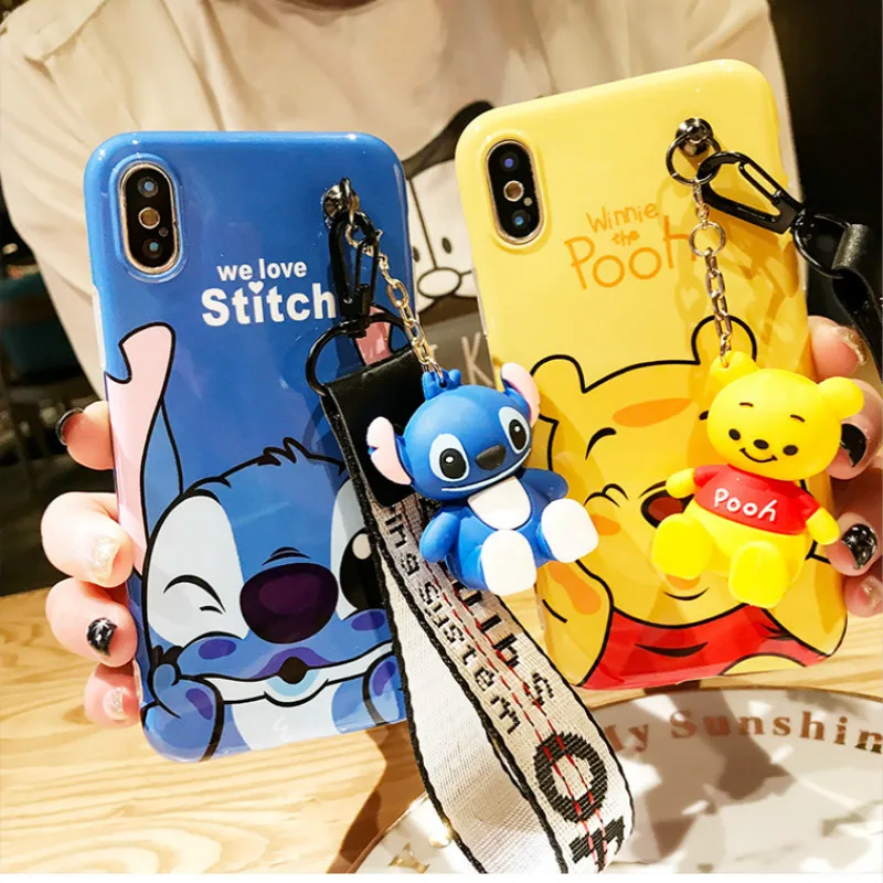 

Cute Stitch Winnie Pooh lanyard phone case For iphone XS case XR MAX 8 7 6plus+Toy Stander+strap Soft silicone Donald Duck coque