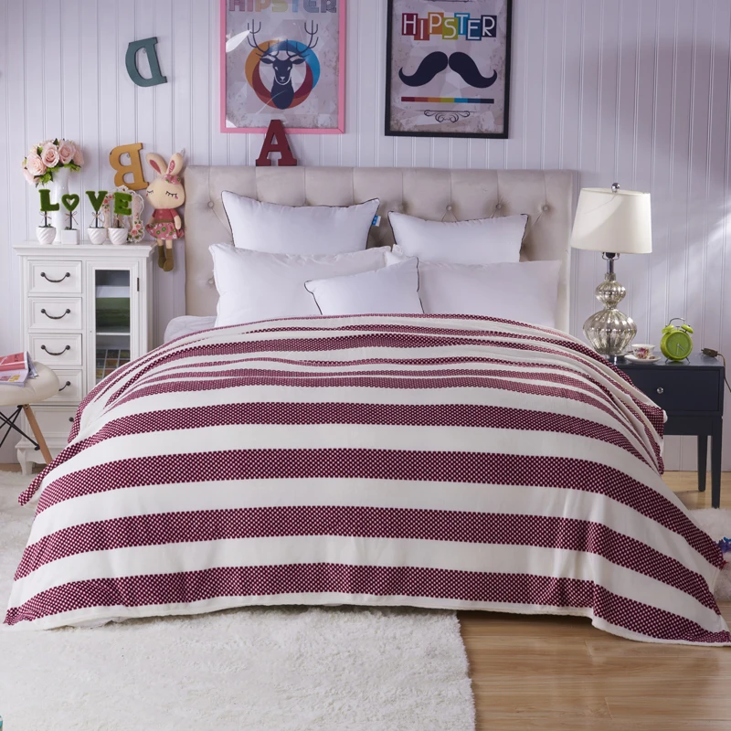

Red  white striped design Flannel thick Blanket four seasons available comforter winter bedsheet size twin / full / queen / king