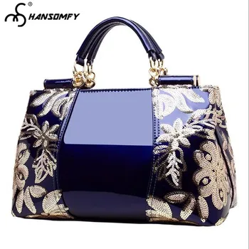 

2020 New Fashion Patent Leather Women's Handbag Bright Leather Female Handbag Flower Pattern Shoulder Pillow Bags Open Pocket