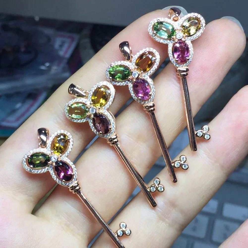 

Solid Silver 925 Trefoil Key Pendant Choker Necklace Women Setting Natural Tourmaline Stone Real Multi-color Gem Stone Jewelry