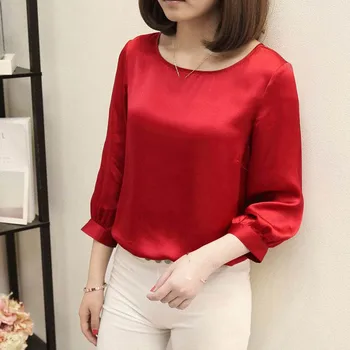 

Women Solid Color Tops Round Neck 3/4 Sleeves Loose Pullover Tops for Spring BMF88