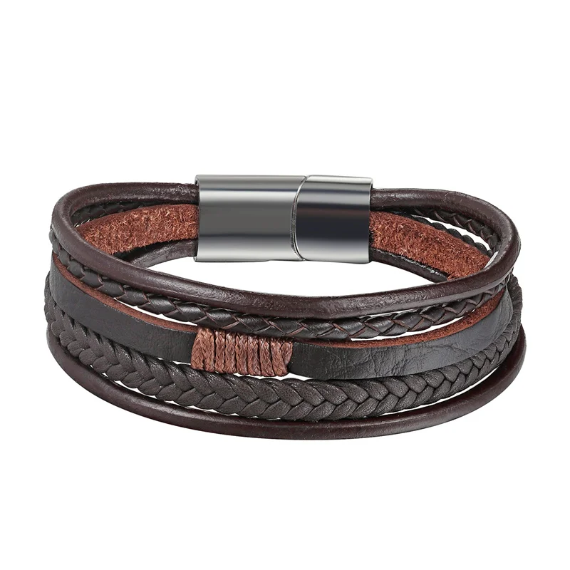 

XiongHang Men Jewelry Punk Black Braided Genuine Leather Bracelet Stainless Steel Magnetic Buckle Fashion Bangles Vintage Gifts