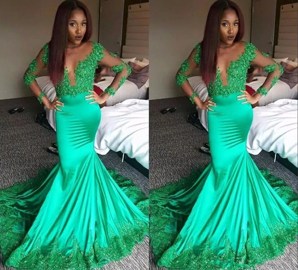 Sexy Emerald Green 2017 Illusion Mermaid Prom Dresses Deep V Neck Long ...