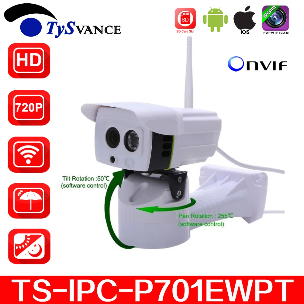 

new SP-P701EWPT HD 720P Bullet IP Camera Wireless Wifi Pan Tilt Security Camera Waterproof IP66 P2P IR ONVIF With SD Card Slot