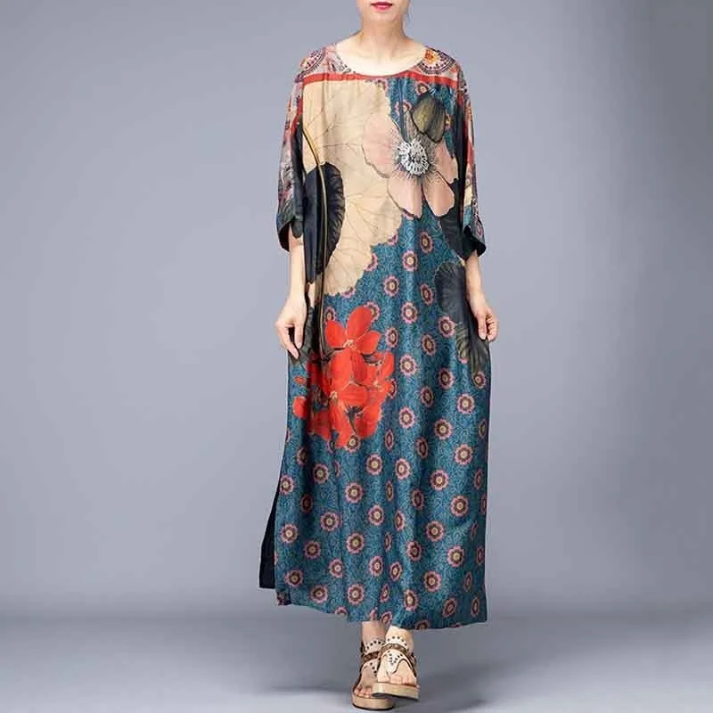 

[YaLee] New Fashion 2019 Summer Ethnic Flower Printed Back Button O-neck Half Sleeve Irregular Large Size Dress Women U834