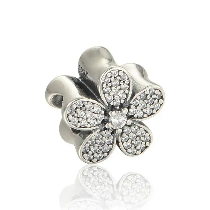 

925 Sterling Silver Dazzling Daisy with Clear CZ Charm Bead Fit For European Pandora Charm Bracelets Necklaces Pendants LW539
