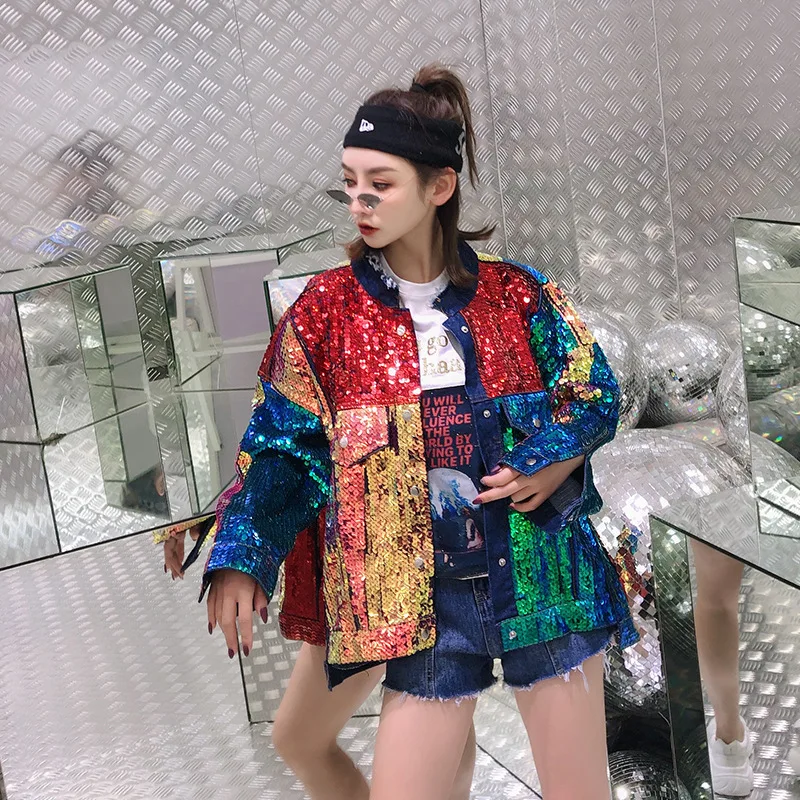 

Color Block Rainbow Sequined Button Pocket Loose Oversized Denim Coat Streetwear Punk Hip Hop Harajuku Sequin Jacket Graffiti