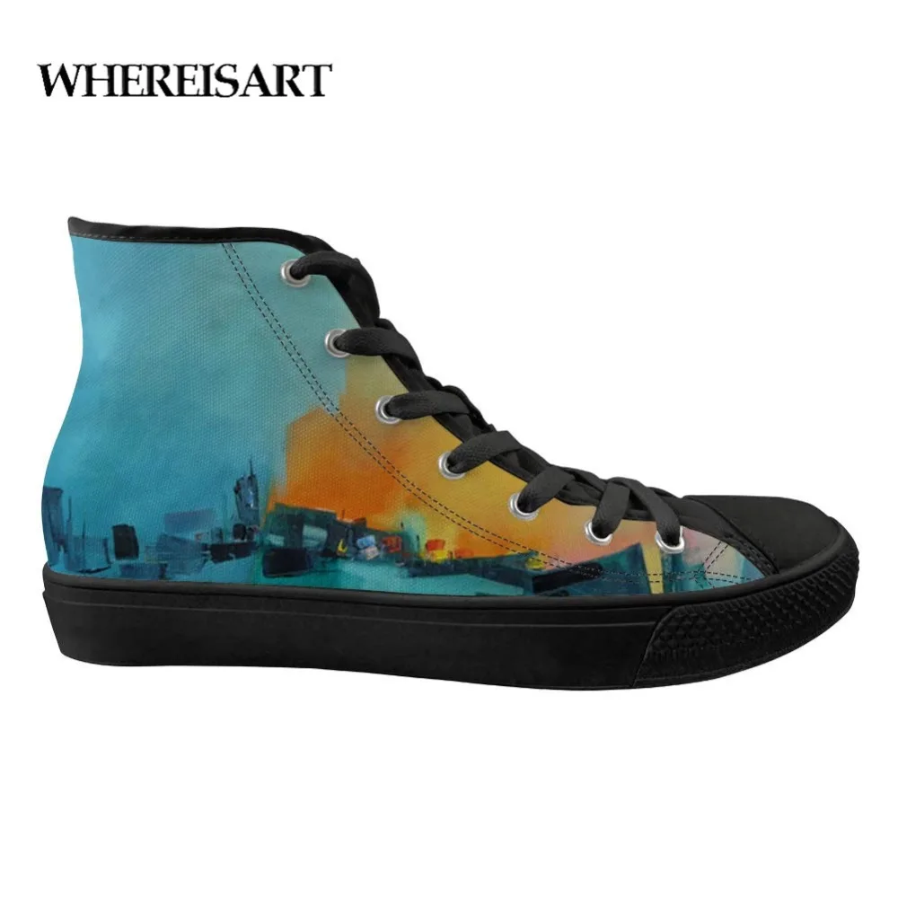 

WHEREISART vulcanized shoes school art blue village hand-painted printing men's high-top casual breathable Zapatos Mujer