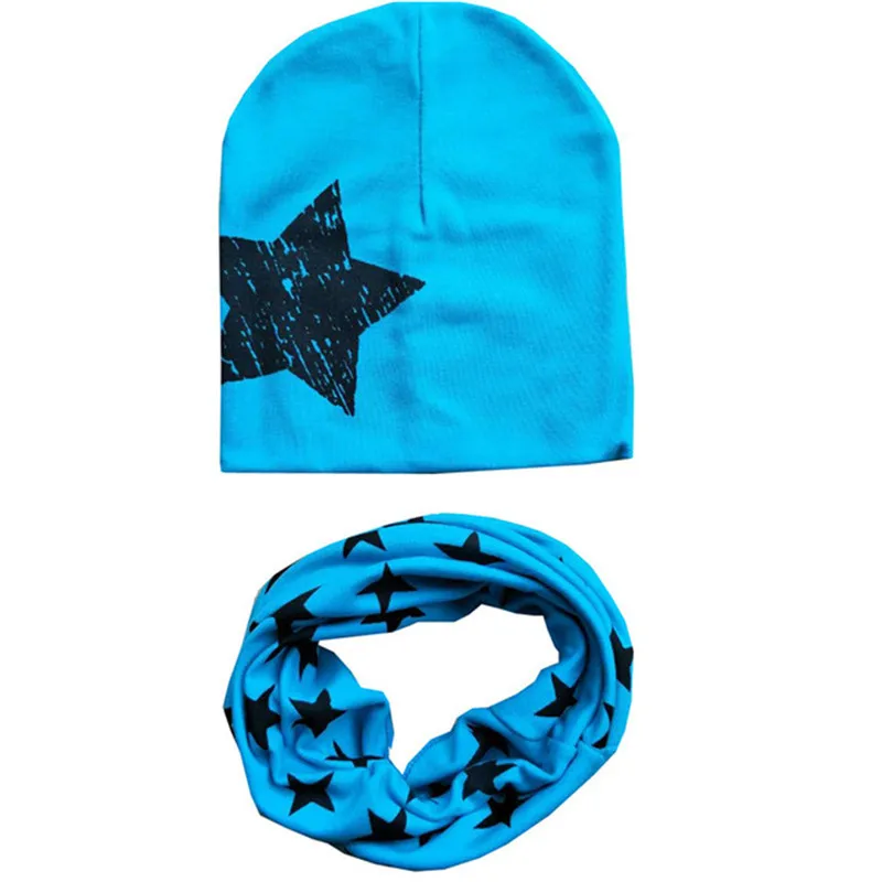 Осень Зима Детские наборы шарф шапка хлопок Детские Skullies Дети шапки шарфы с принтом звезды для девочек шапочки для мальчиков шапки набор