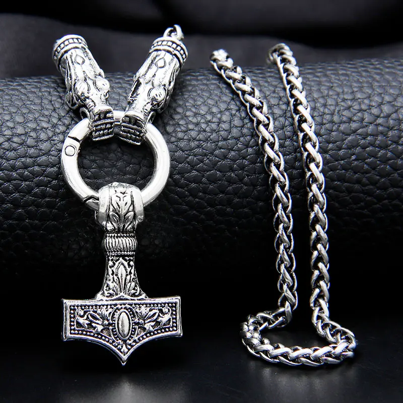 Men Double Wolf Head Viking Necklace Pendant Antique Silver Plated High Quality Chain Necklace Hammer Talisman Ethnic Jewelry Men Double Wolf Head Viking Necklace Pendant Antique Silver Plated High Quality Chain Necklace Hammer Talisman Ethnic Jewelry