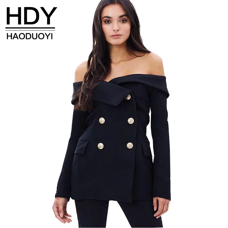 

HDY Haoduoyi Sexy Off-shoulder Blazer Double Botton Vintage Slim Overcoat Solid Black OL Casual Partywear Outwear