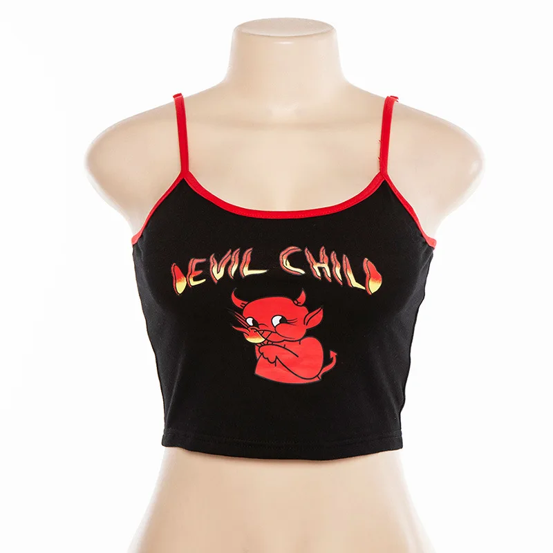LVINMW Sexy Demon Print Spaghetti straps Patchwork Crop top 2019 Summer Women Backless Slim Camisole Top Female Streetwear Tops