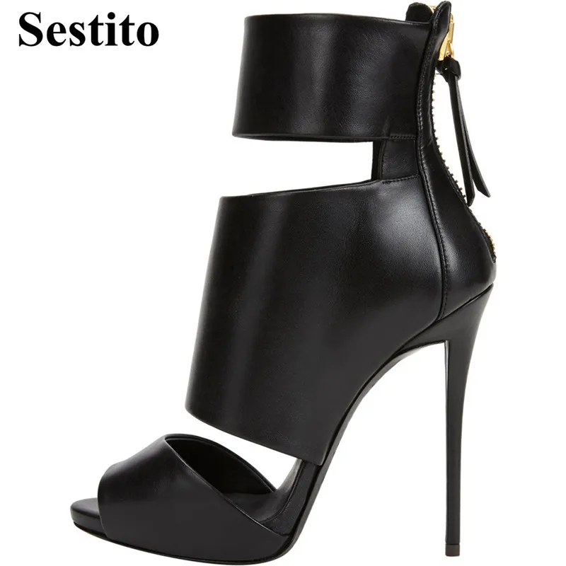 

European Women Sexy Open Toe Peep Toe Super High Thin Heels Ankle Boots Spring/ Autumn Short Back Zipper Large Size Ladies Shoes