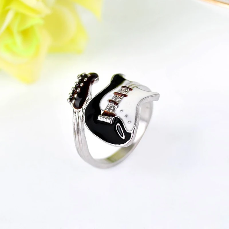 

1PCS New Personalized White And Black Ring European Style Punk Style Bright Colorful Glazed Guitar Ring for Women Men