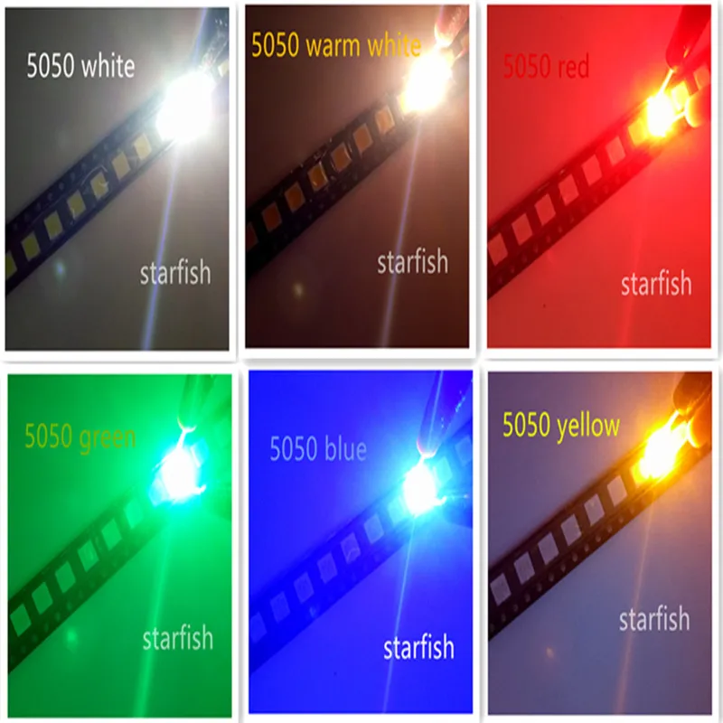 100 шт. led SMD 5050 белый-ж/голубой/красный/желтый/зеленый/теплый белый свет лампа WW |