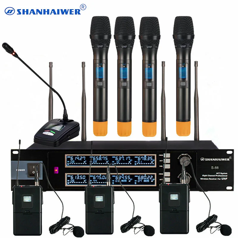 UHF 8 channels audio wireless microphone with handheld and tie clip mic