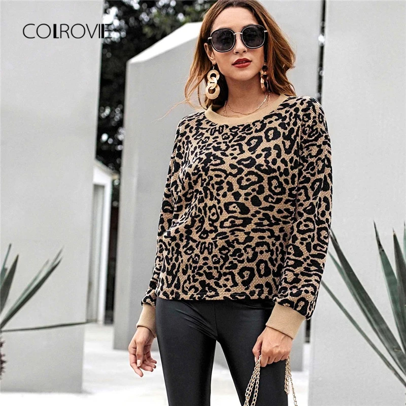 Kopen Goedkoop COLROVIE Streetwear Print Luipaard Trui Vrouwen 2018 Herfst Mode Kantoor Femme