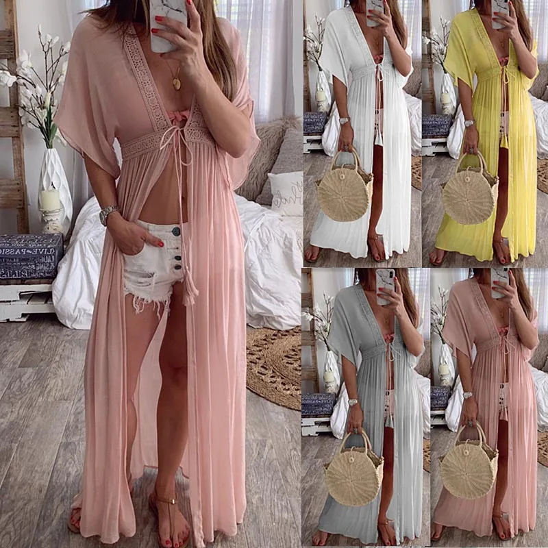 

Boho Women Lace Cardigan Kimono Long Sleeve Holiday Beach Chiffon Dress Cover Cape Dresses B2Cshop